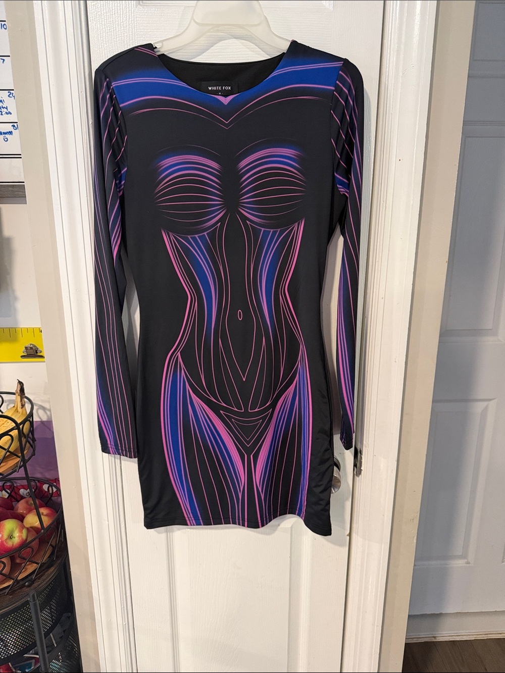 White Fox Boutique Black Long-Sleeve Dress with Pink & Blue bodycon